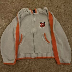 Burberry Kids Gray and Orange Knit Zip Up Sweater with Hood